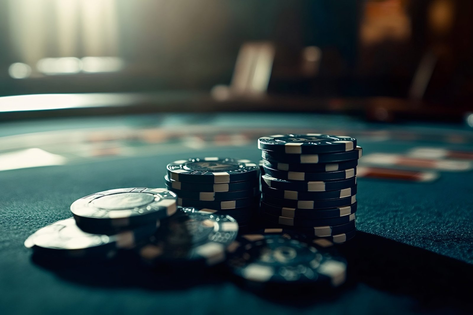 Stacks of colorful poker chips resting on a vibrant green felt table, creating an atmosphere of excitement and anticipation, hinting at a high-stakes game unfolding in a lively casino